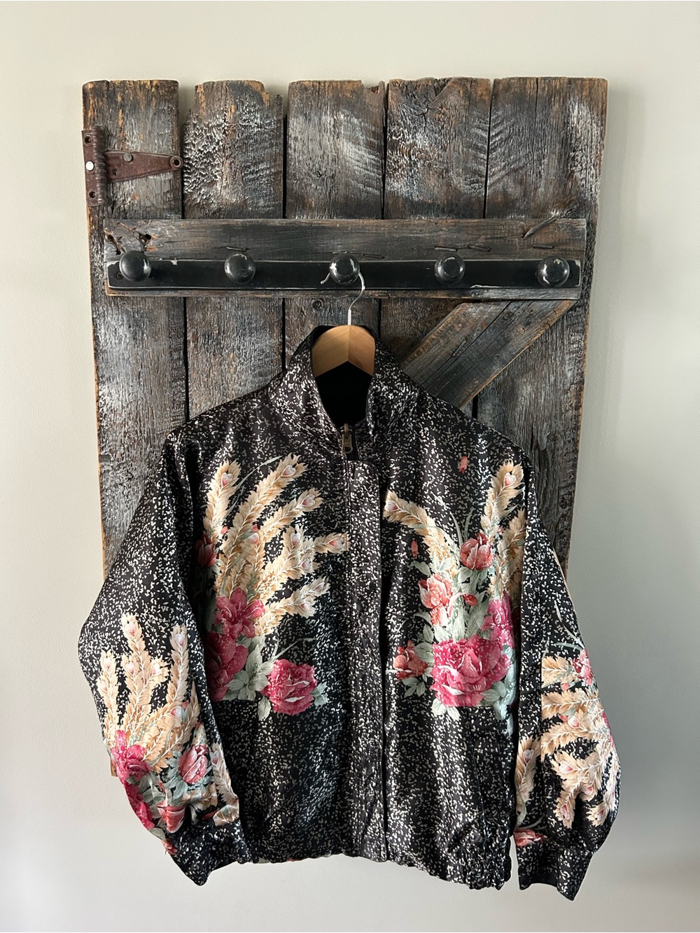 Reversible Black Floral Bomber Jacket with Pink Rose Embroidery